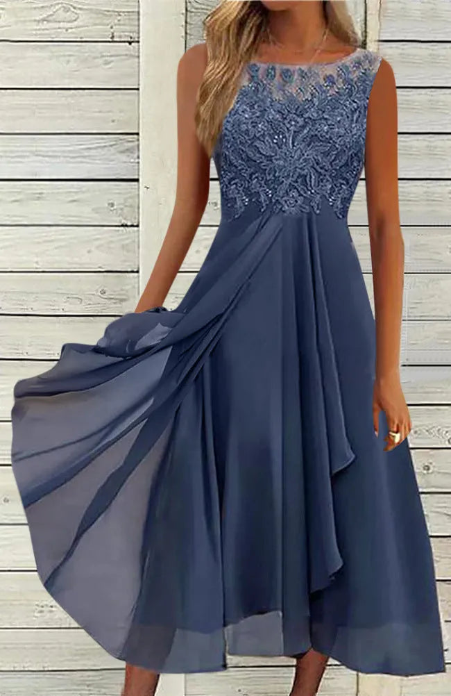 Women's sleeveless chiffon dress with lace stitching detail in midi length
