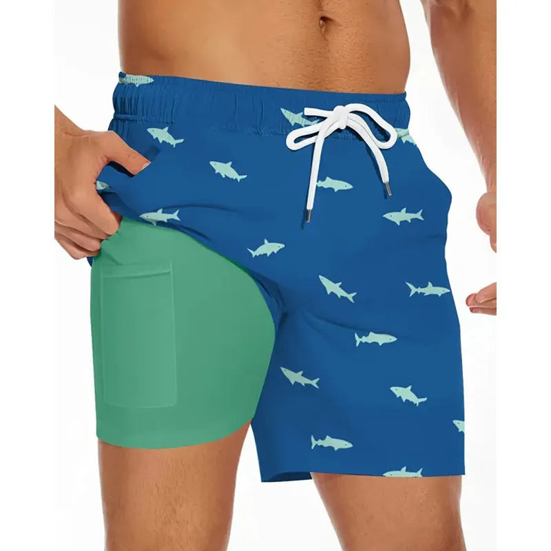 Man wearing loose-fit beige polyester beach shorts on a summer day.