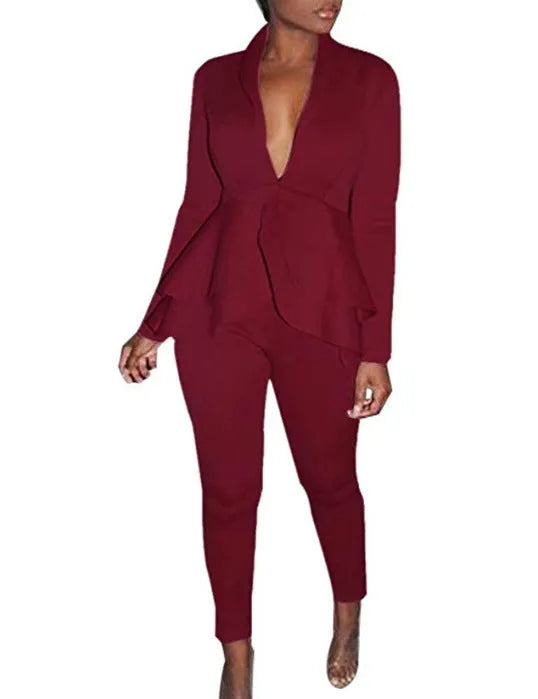 Women's ruffled blouse and pencil trousers business casual pantsuit in eight colour options