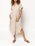 Button-front mid-length casual dress in loose fit available in multiple solid colours