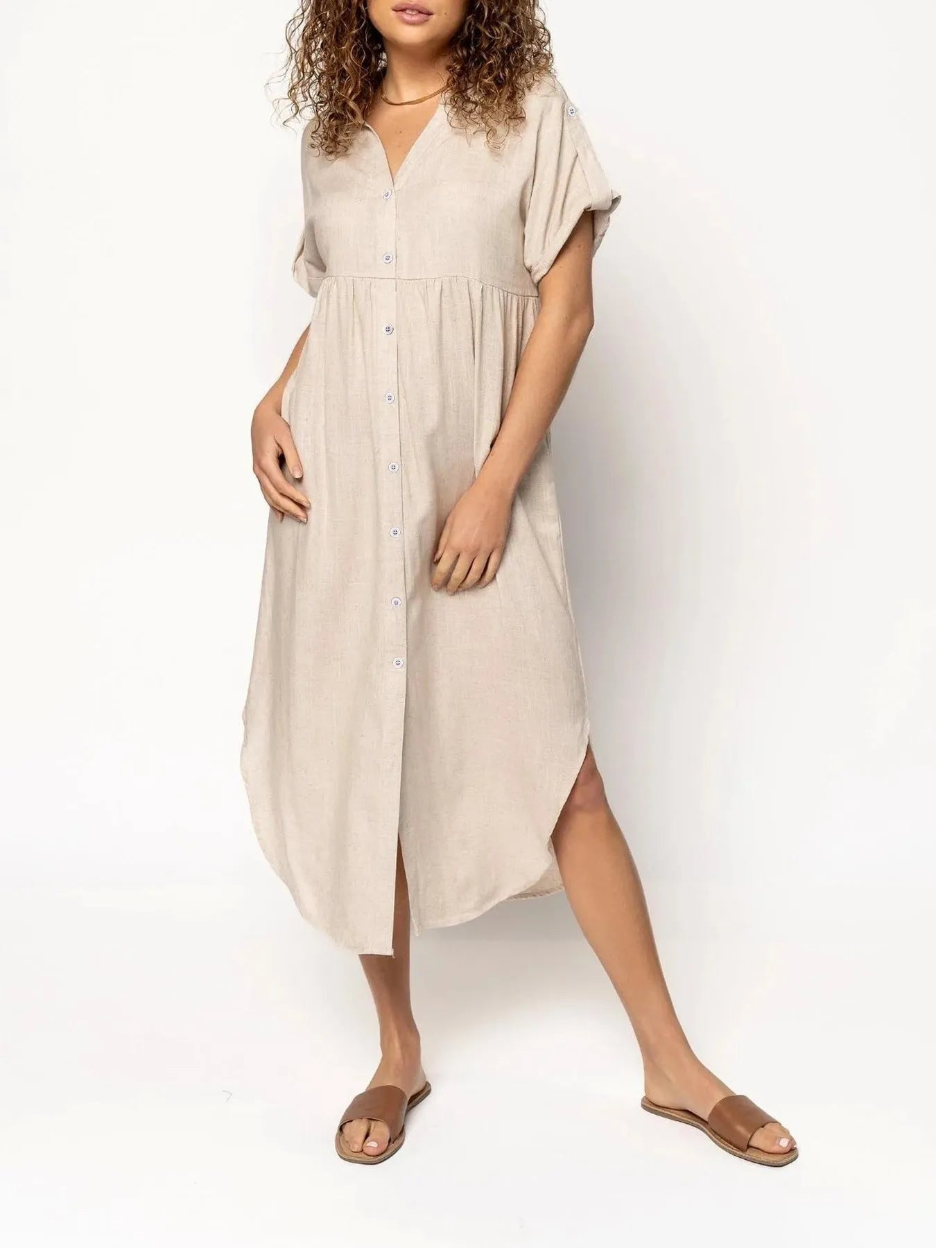 Button-front mid-length casual dress in loose fit available in multiple solid colours