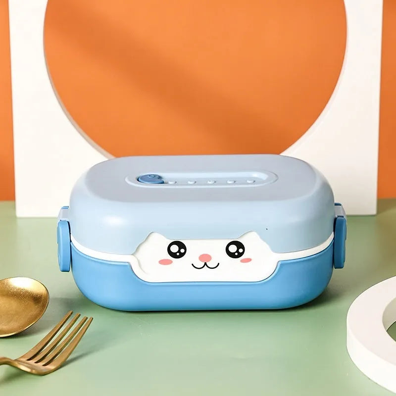 Square plastic lunch box with divided compartments in dark blue, pink and green, or orange yellow colours