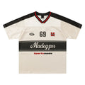 Apricot sports V-neck jersey top with drop-shoulder sleeves and letter pattern design