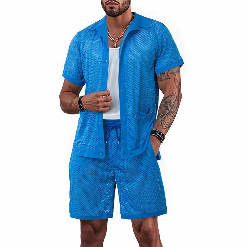 Women's thin polyester beach shorts suit with a see-through cardigan and matching shorts in lake blue.