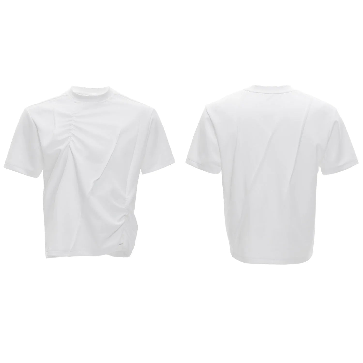 Men's black cotton T-shirt with three-dimensional pleated texture, round neck and short sleeves