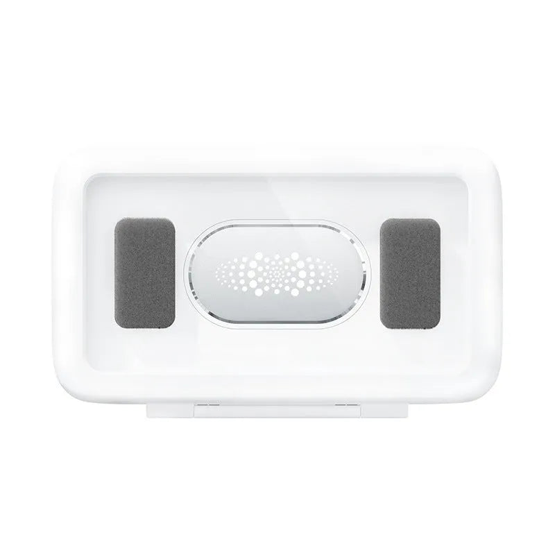 White waterproof phone holder mounted on bathroom tile showing smartphone inside with visible touchscreen