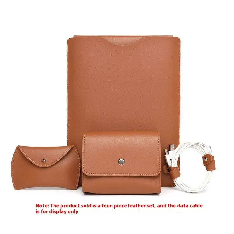 Four-piece set of imitation leather lock edge protective covers for MacBook Pro laptops in apricot, brown, grey, and pink.
