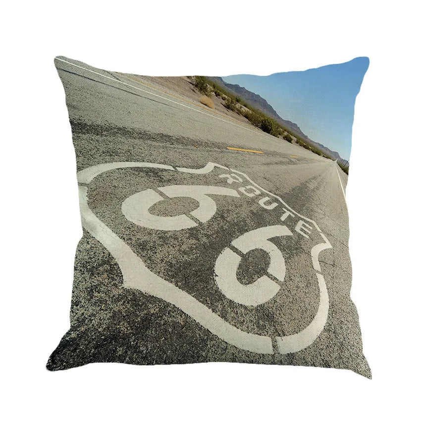 Route 66 landscape pattern on a 45cm square linen and cotton blend cushion cover.