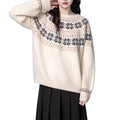 Women's milky white vintage Fair Isle geometric pattern crew neck pullover sweater with long sleeves