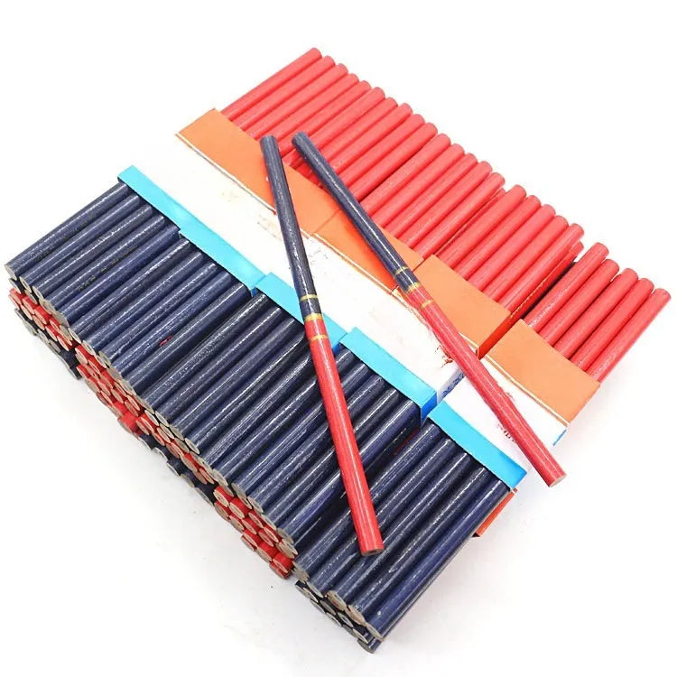 Set of ten red and blue round wooden carpenter's pencils for marking.