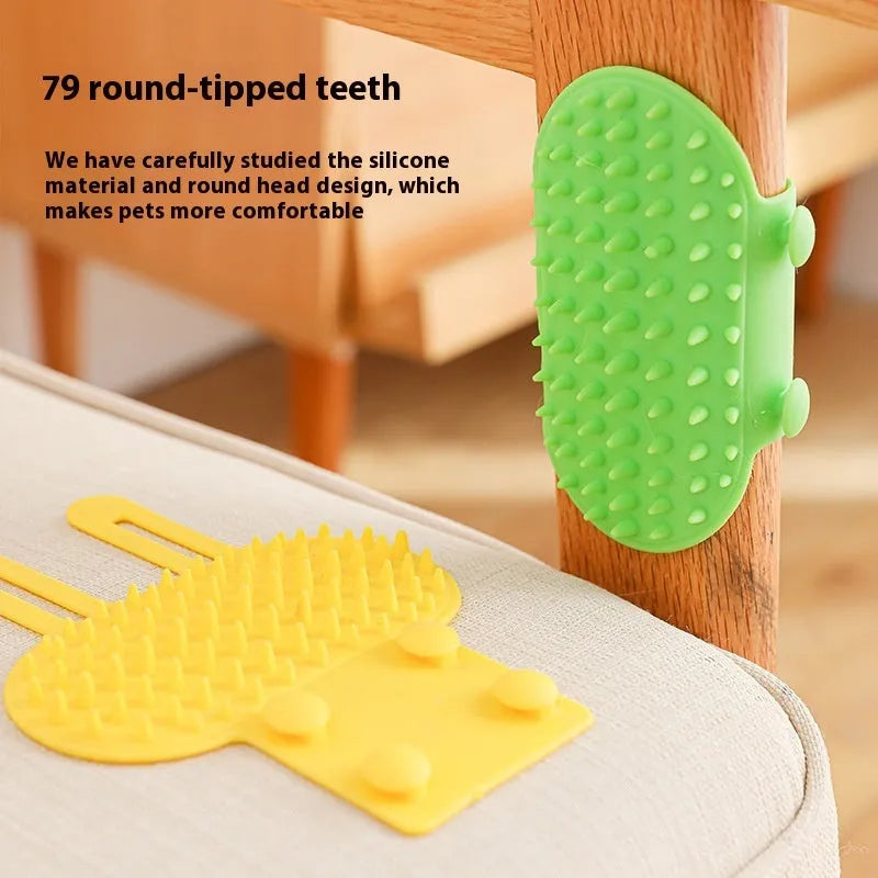 Silicone cat self-grooming brush with comb teeth and adjustable strap for table legs.
