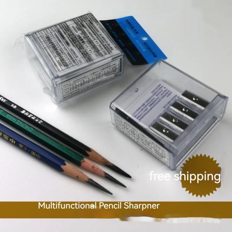 Geometric-shaped four-hole pencil sharpener with plastic construction and screwdriver accessory