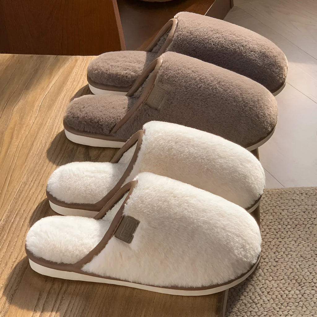 Solid colour winter plush house slippers with non-slip PVC sole in blue, brown, coffee, pink, or white