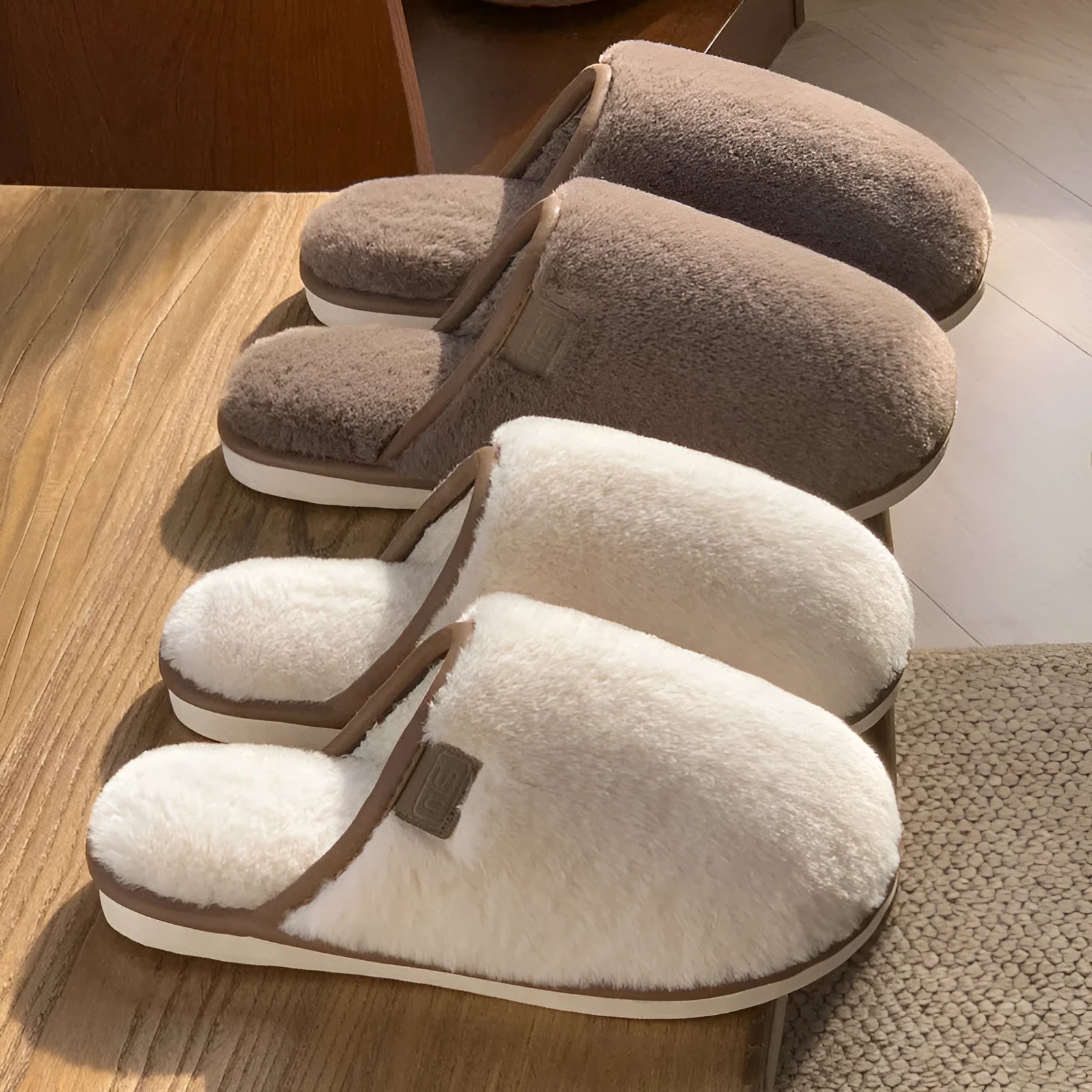 Solid colour winter plush house slippers with non-slip PVC sole in blue, brown, coffee, pink, or white