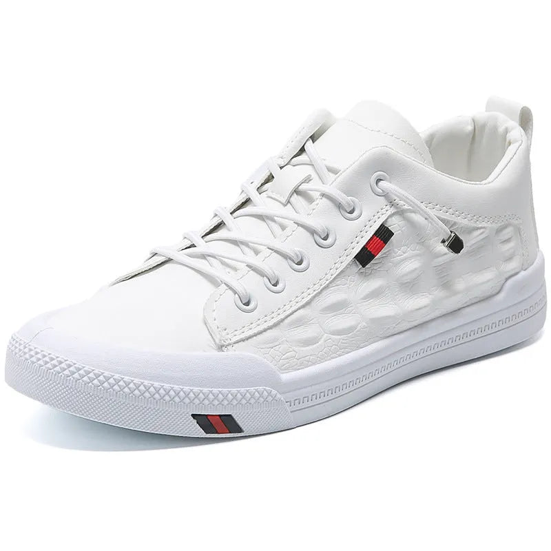 White men's lace-up casual sneakers with round toe and flat rubber sole