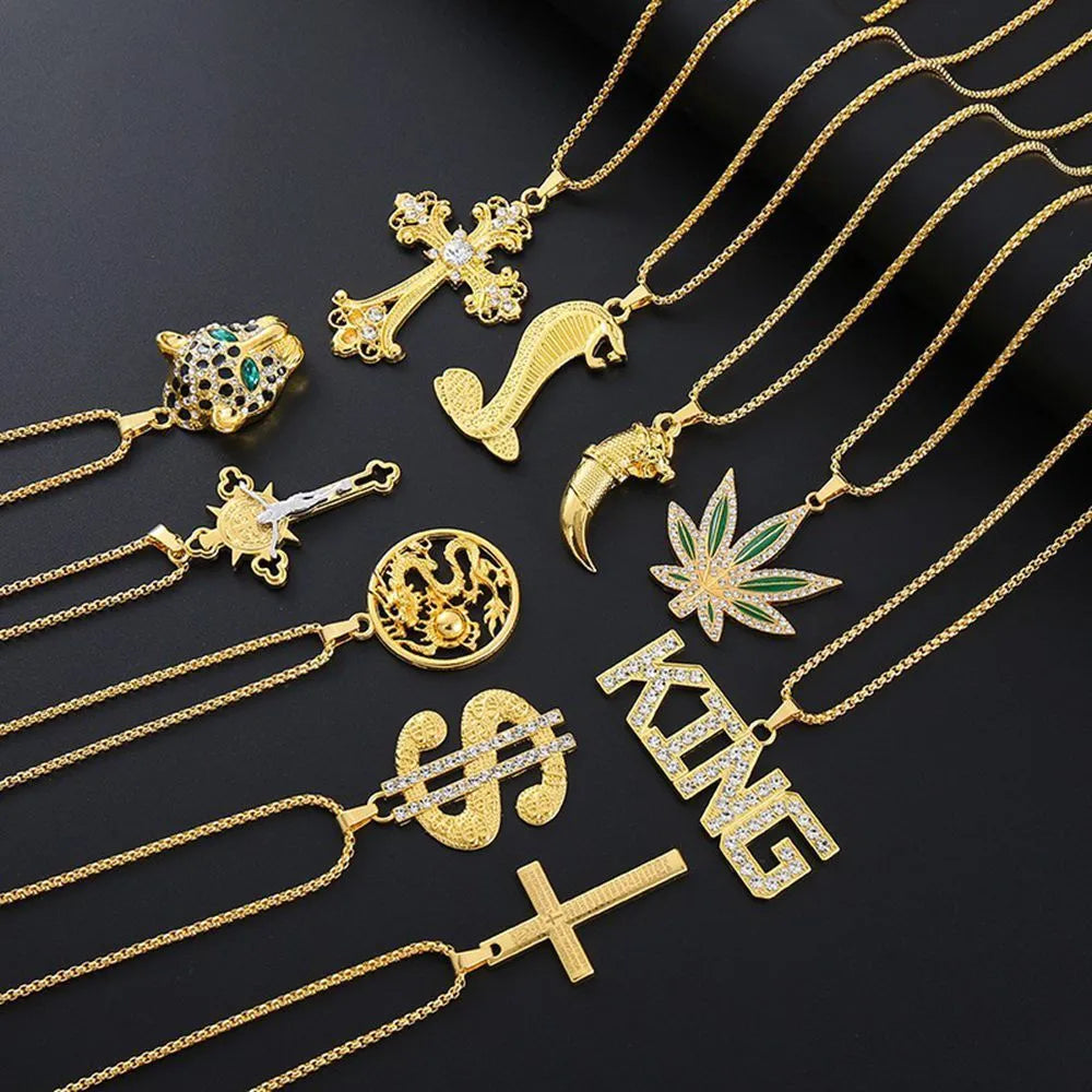 Women's geometric pendant necklace with inlaid zircon stones on a gold-tone alloy chain