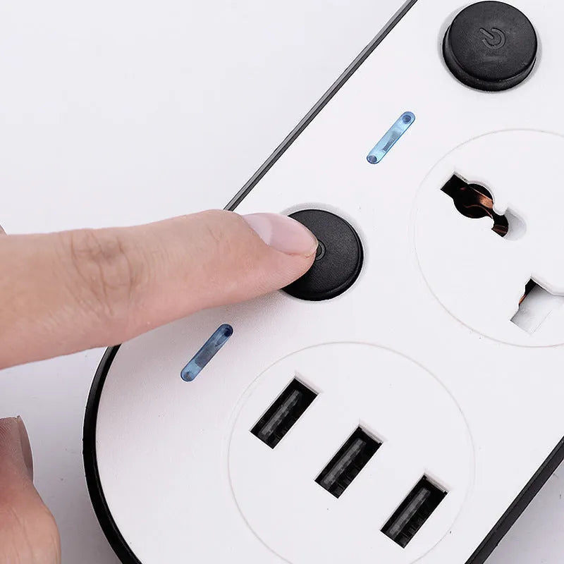 Multi-switch international power strip with USB ports and UK, US, EU plug options.
