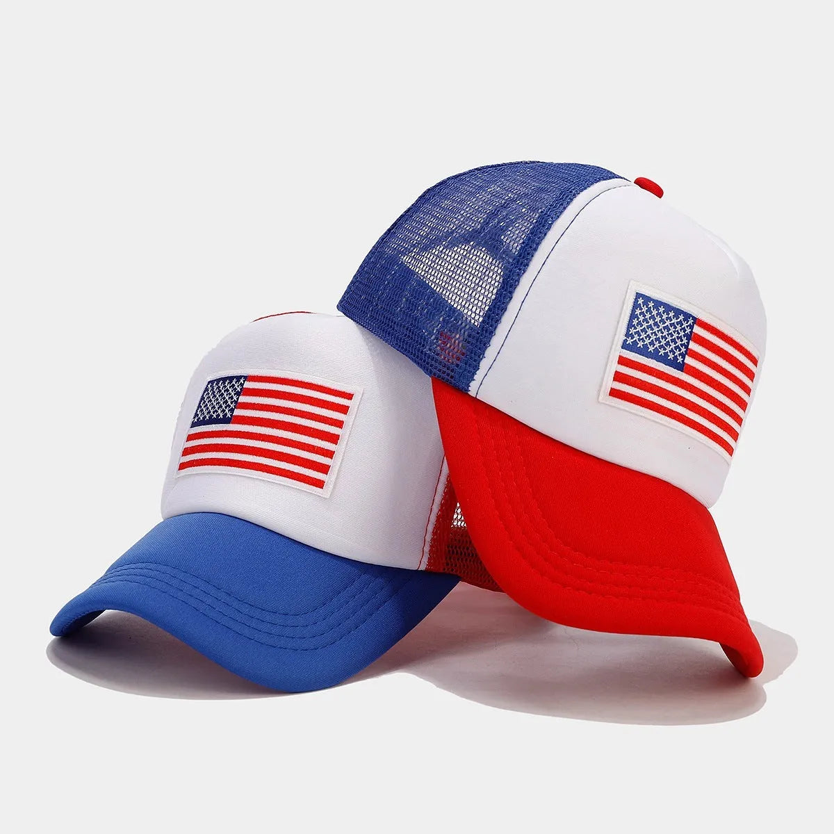Red and blue contrast colour baseball cap with adjustable strap and mesh panels