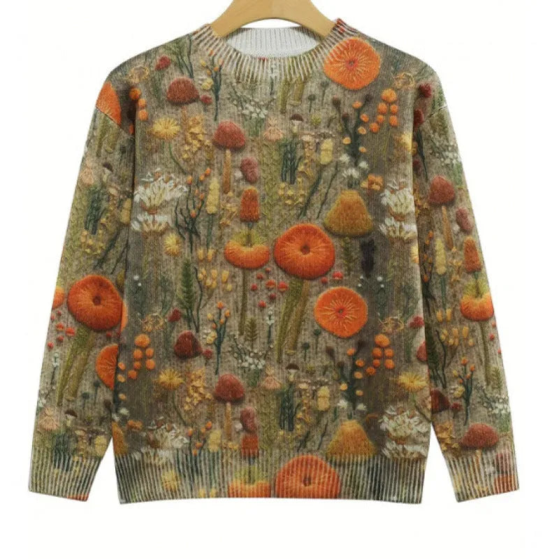 A round neck casual sweater with a small digital floral print, shown in one of thirteen available colours.