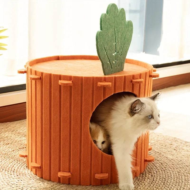 Carrot-shaped felt cat tunnel nest in semi-enclosed design showing M and L size options