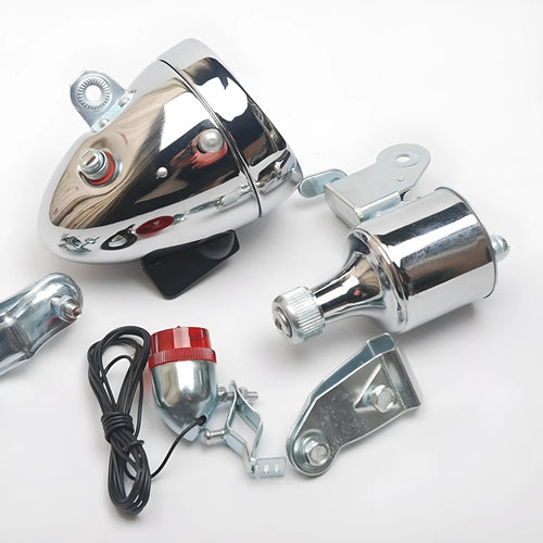 Silver bicycle dynamo light generator kit for front fork or rear frame mounting with friction power generation