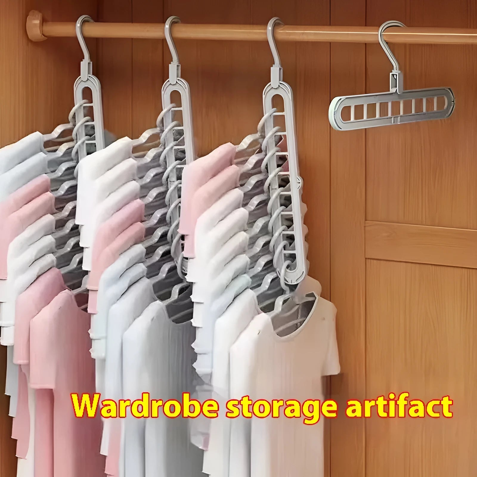 Green plastic multifunctional hanger with nine arms for folding trousers, shown hanging on a rail.