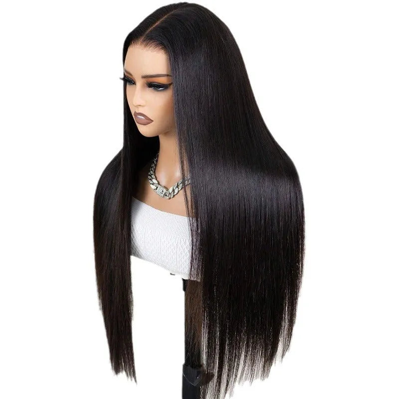 Black straight human hair lace front wig with 13x6 frontal on a mannequin head.