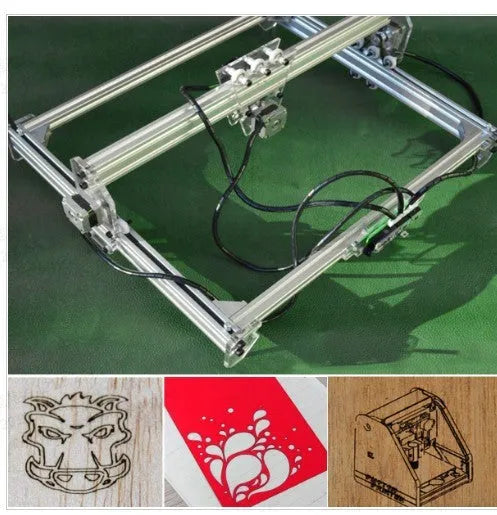 Miniature 3000mW laser engraving machine on a 400mm by 300mm base plate.