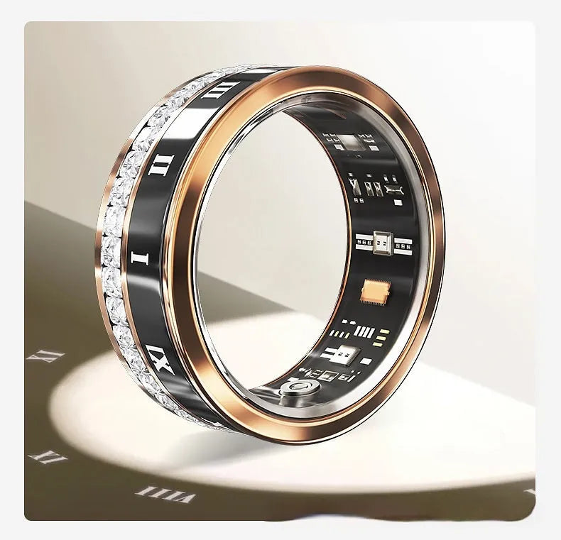 Diamond-inlaid smart ring in gold and silver colours showing health monitoring technology