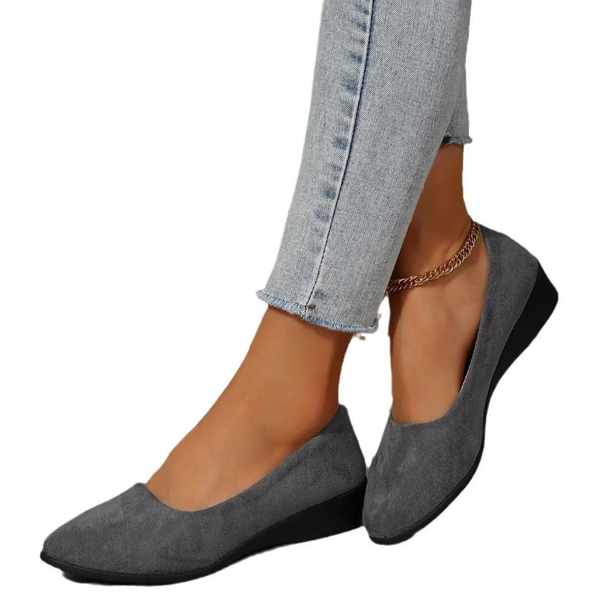 Women's pointed toe wedge pumps with suede upper and shallow mouth cut in light brown
