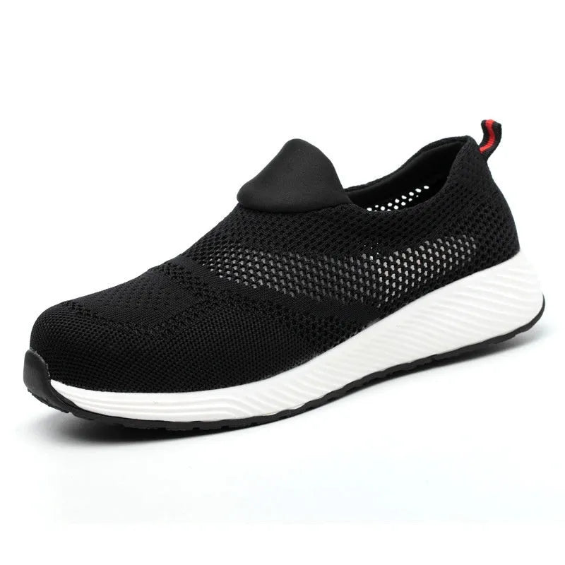 Men's low-top steel toe work shoes in black mesh with protective toe cap.
