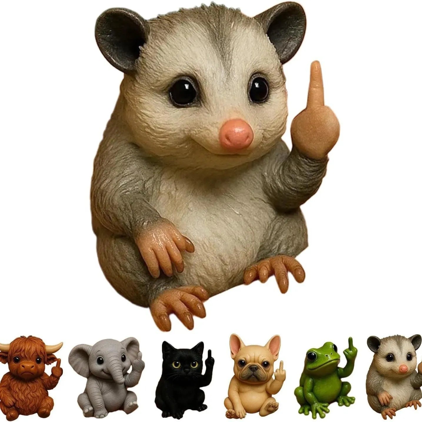 Miniature resin animal doll making a middle finger gesture, available in seven animal styles including cat and dog.