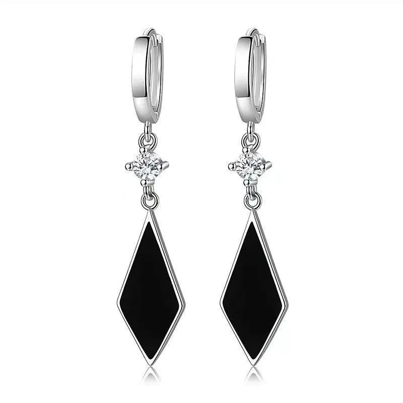 Vintage geometric diamond clip earrings with electroplated silver finish