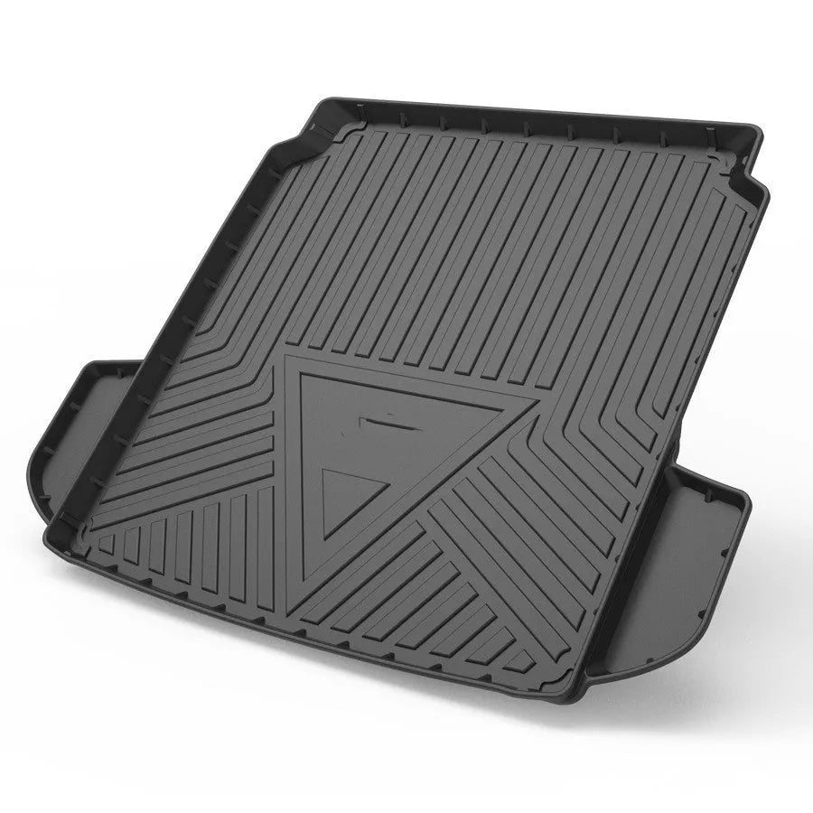 Black TPE car boot liner with carbon fibre pattern texture.