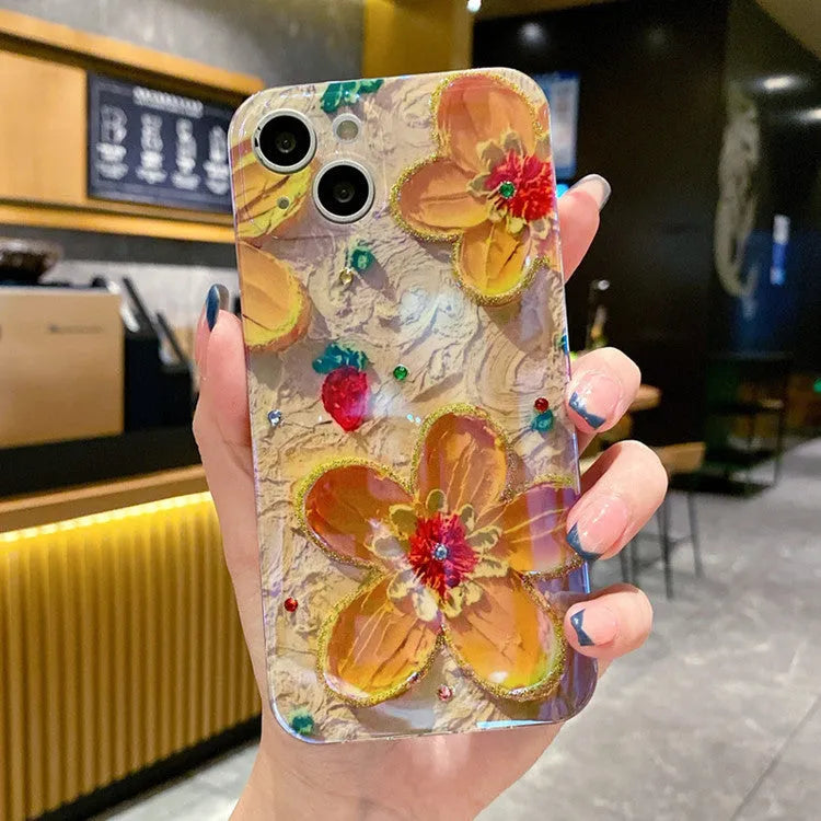 Purple soft rubber phone case with oil painting floral pattern and diamond detailing for iPhone and Huawei smartphones