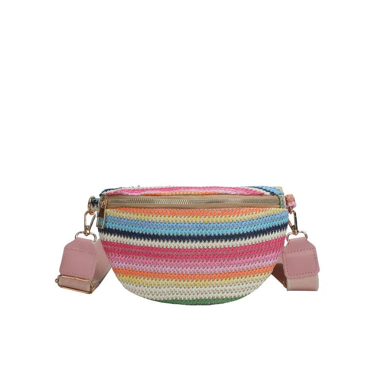 Blue straw weave bohemian beach shoulder bag with zip compartment and single strap