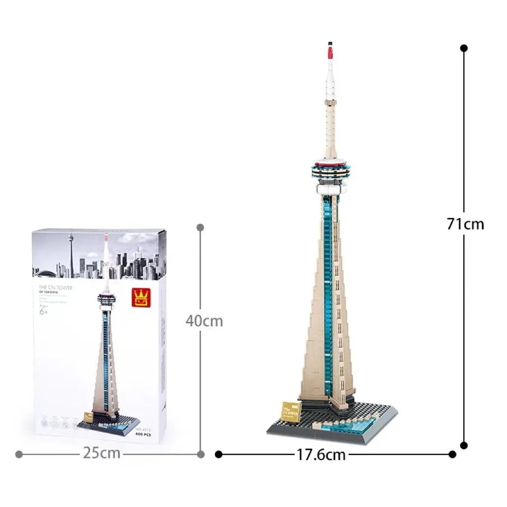 Wange plastic building block set with over 800 pieces for constructing landmark models including Big Ben and the Statue of Liberty.