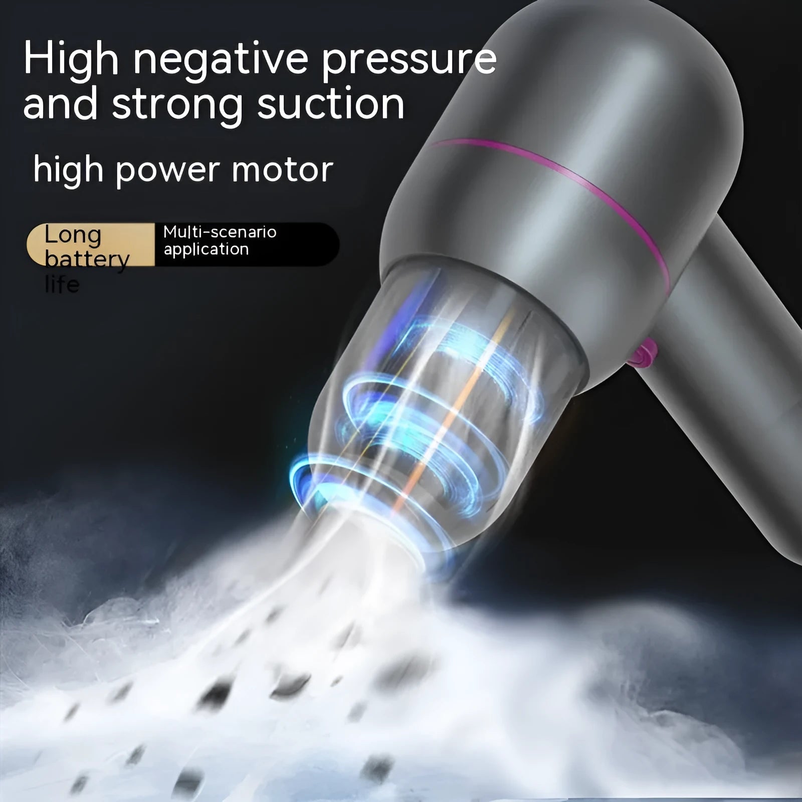 Grey handheld car vacuum cleaner with 7.4V battery and dual nozzles for vehicle cleaning
