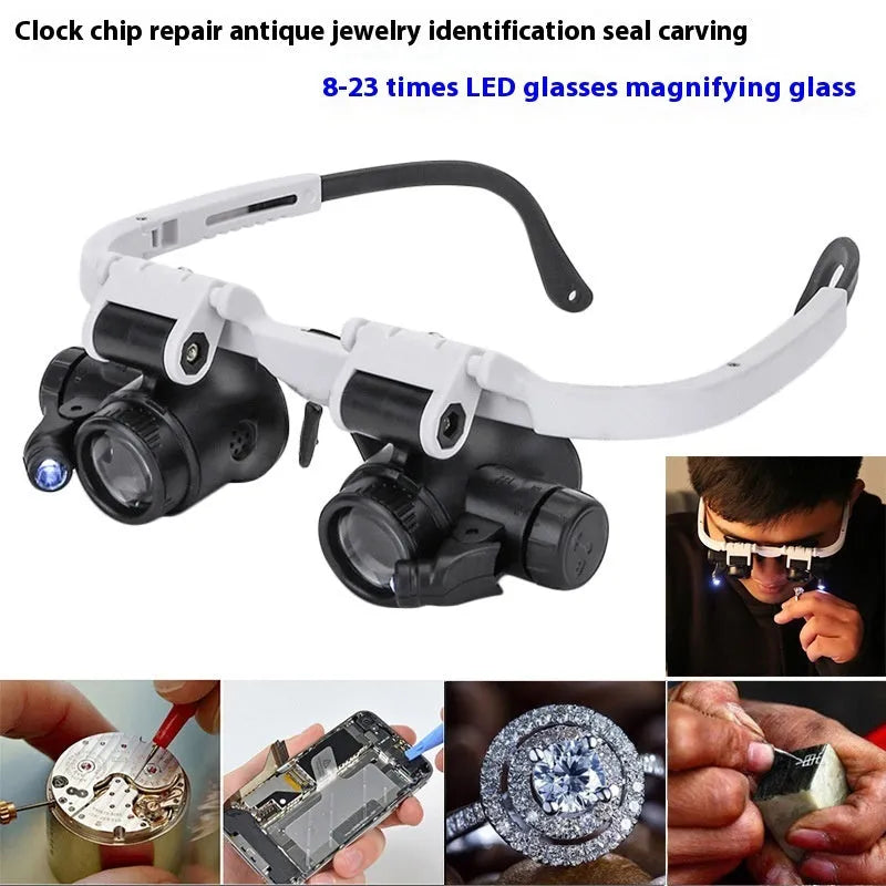 White head mounted magnifying glass with folding arms and LED light for watch and circuit board repair