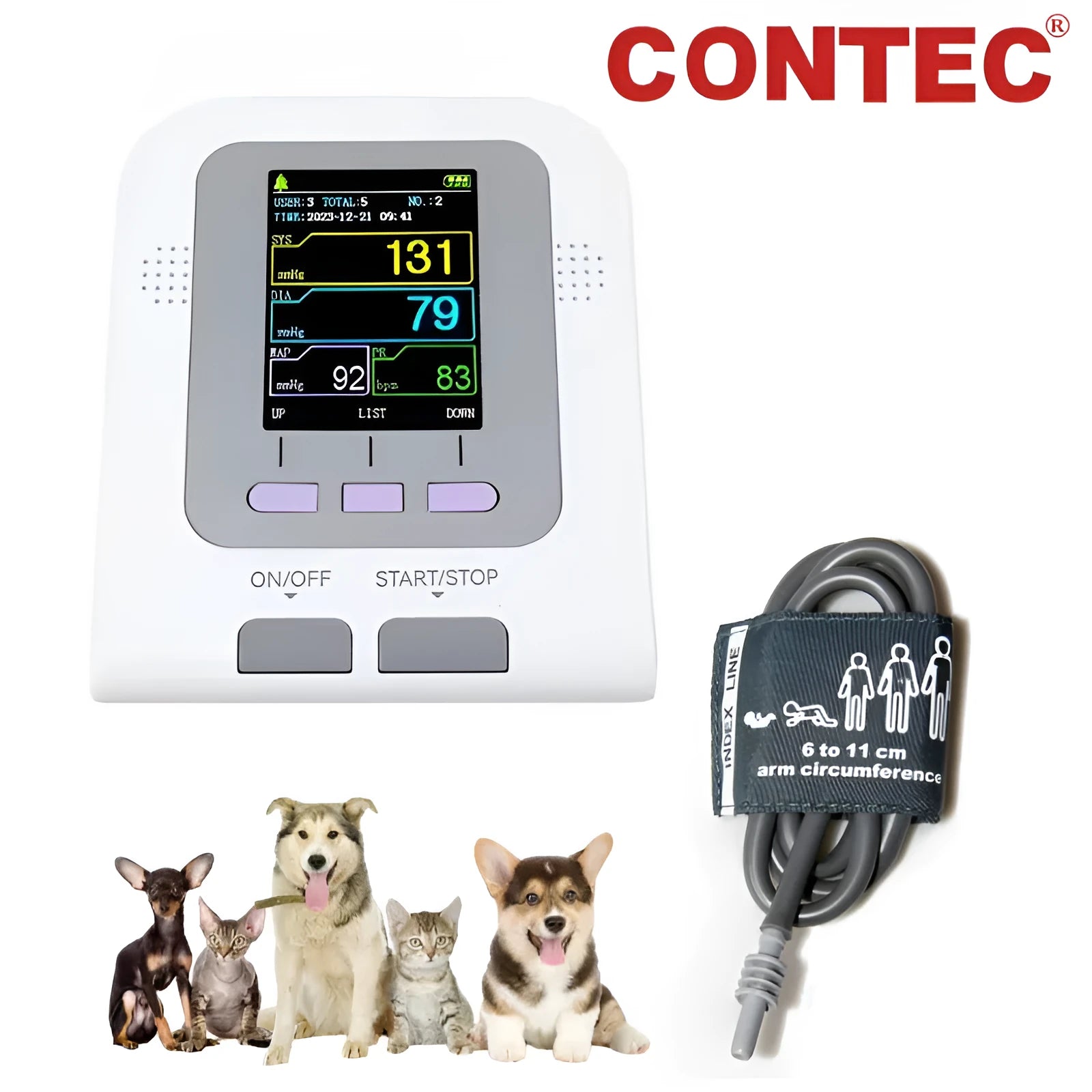 CONTEC08A veterinary digital blood pressure monitor unit with colour screen and animal cuff