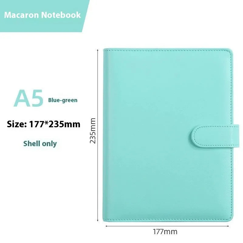 A5 PU leather zippered notebook shell in multiple solid colours including pink, blue, and black.