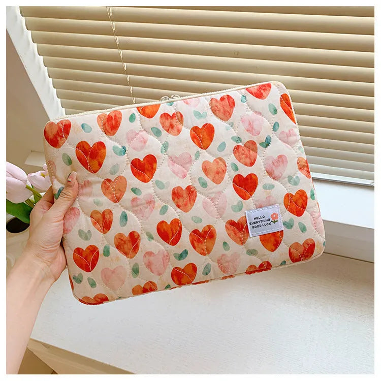 Floral print cloth laptop bag showing green flower pattern with storage compartments and anti-seismic protection