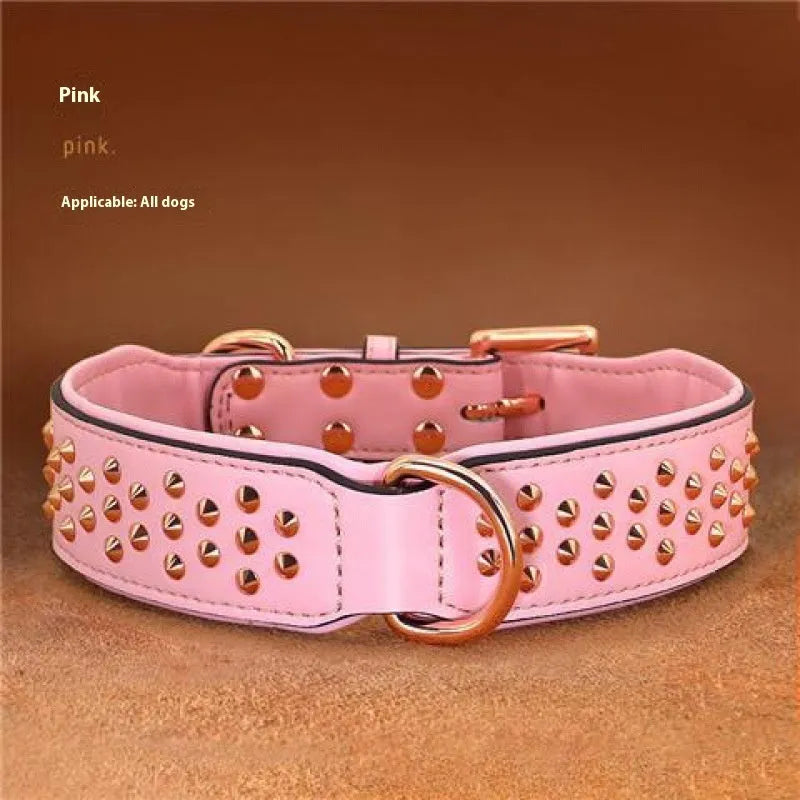 Leather dog collar with flat metal rivets in black, chocolate or pink for bite protection