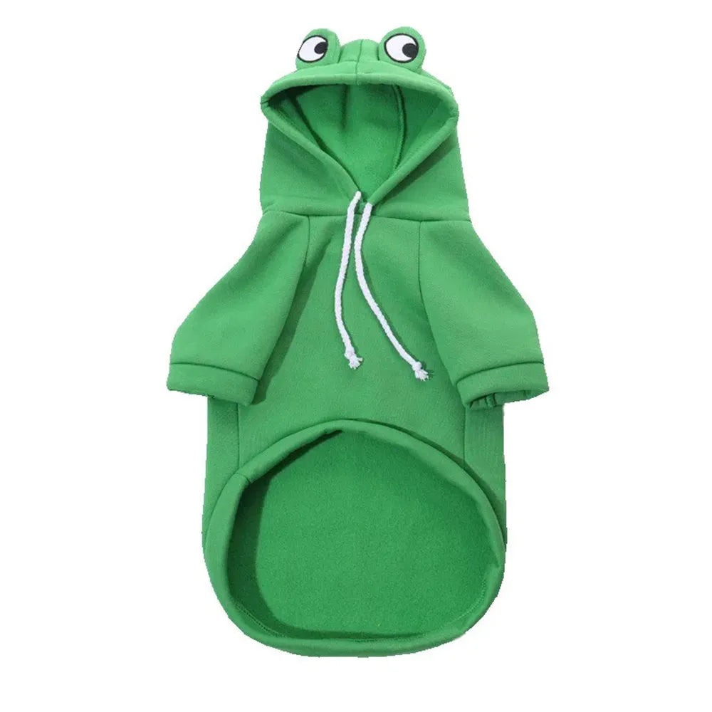 Green frog costume hoodie on small dog showing frog pattern design and hoodie style