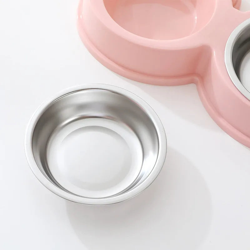 Stainless steel frog-shaped pet bowl set with separate food and water compartments