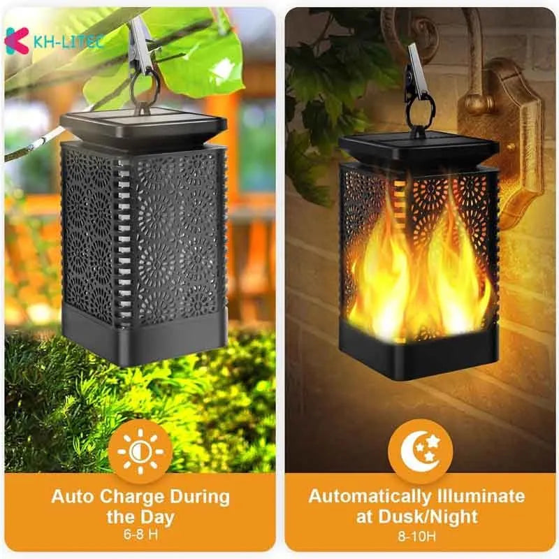 Black solar-powered hanging lantern with flickering LED flame light effect for garden decoration.