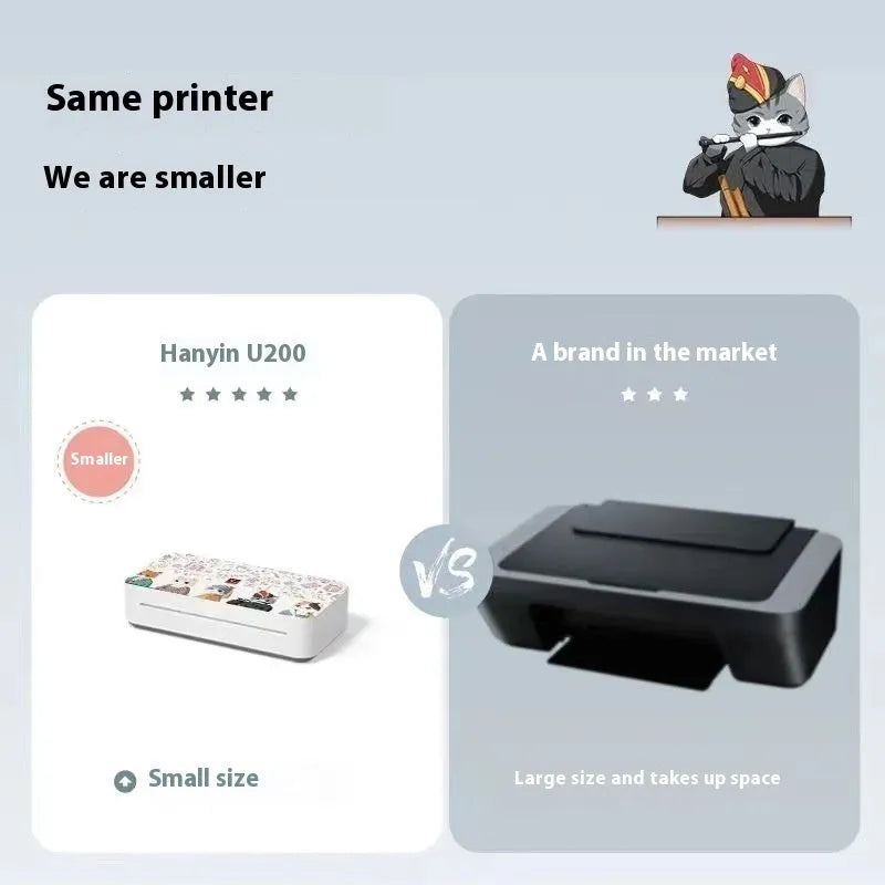 Small white plastic intelligent remote learning printer with a ribbon cartridge on a desk.