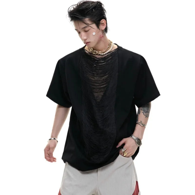 Men's black hollow-out V-neck T-shirt with loose fit and three-dimensional cutting