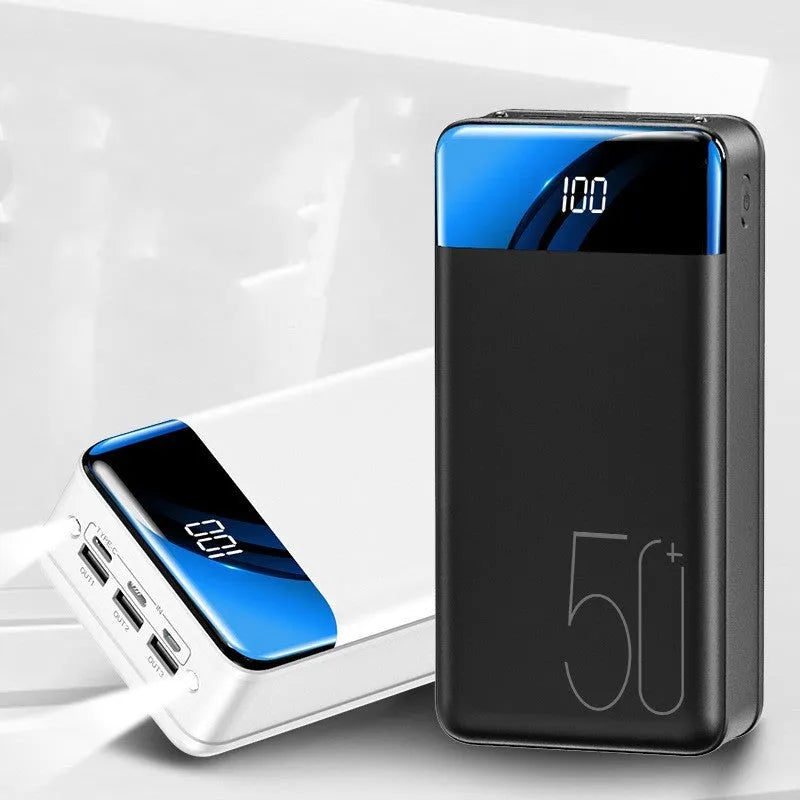 50000mAh power bank with three USB output ports in black plastic case