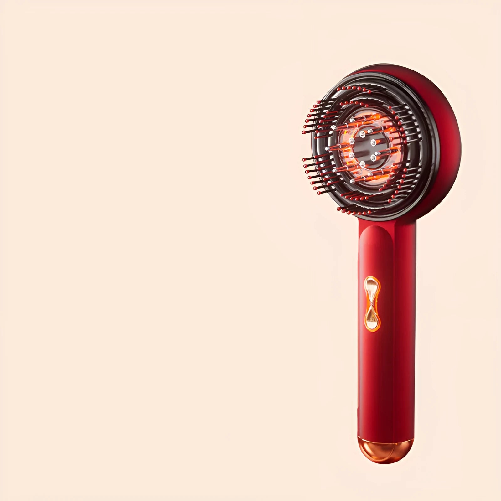 Black handheld LED light massage hair comb with red and blue lights, Type-C charging port visible.